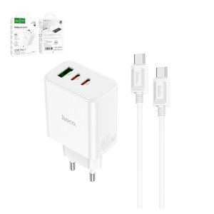 Сетевое зарядное устройство Hoco C126A, 40 Вт, Power Delivery PD , белый, c кабелем USB тип C к USB тип C, 3 порта, #6931474798749