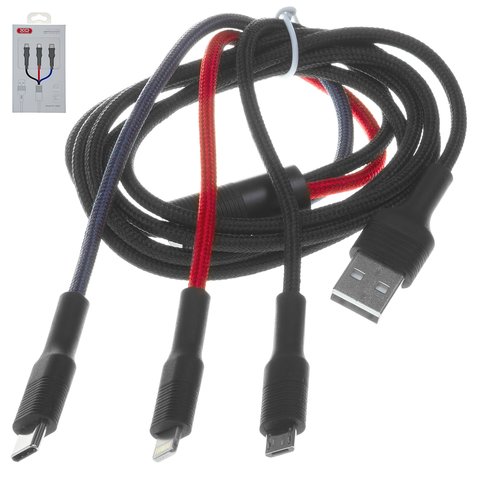 USB кабель XO NB54, USB тип C, USB тип A, micro USB тип B, Lightning, 120 см, 3 A, черный