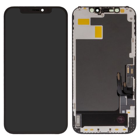 LCD compatible with iPhone 12, iPhone 12 Pro, black, with frame, HC, without IC, with camera and proximity sensor plastics, OLED , GK OEM hard 