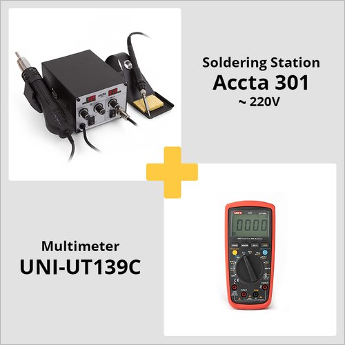 Ofreta combinada: estación de soldadura de aire caliente Accta 301  + multímetro digital UNI-T UT139C