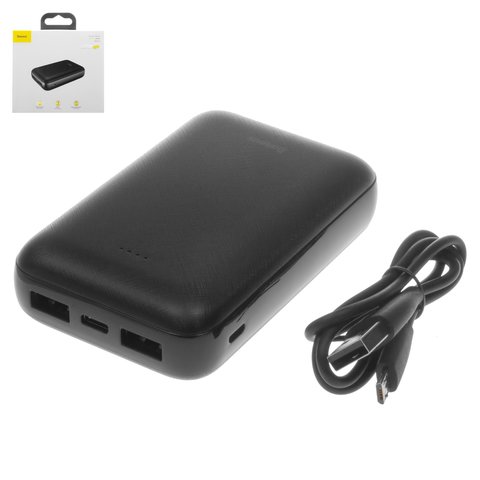Power bank Baseus X10, 10000 mAh, USB tipo C entrada 5V 2.1A, micro USB tipo B entrada 5V 2.1A, 2 USB salidas 5V 1A 2,1A, 92*61*22 mm, negro, #PPJAN A01