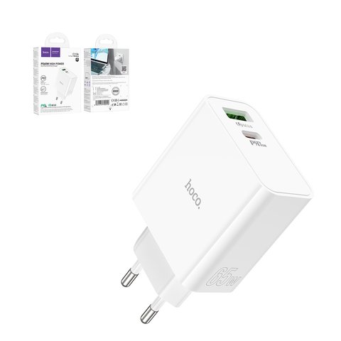 Adaptador de red Hoco C113A, 65 W, Power Delivery PD , blanco, 2 puertos, GaN, #6931474790910